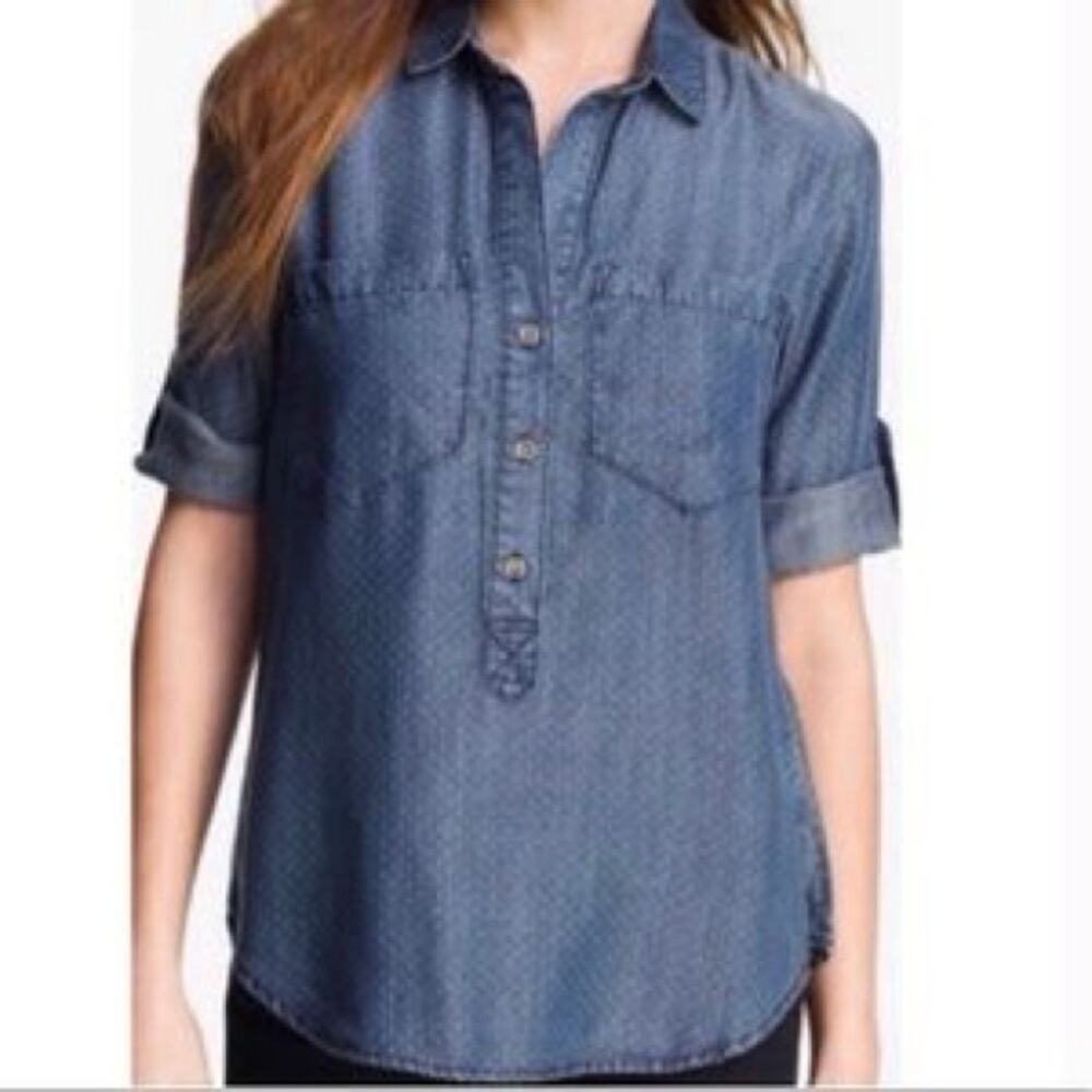 ANTHROPOLOGIE CLOTH STONE Blue Denim Polka Dot Popover $98 Blouse Shirt Top M - Picture 14 of 14